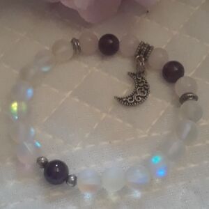 Glass Beaded Bracelet/ Purple, White,Silver